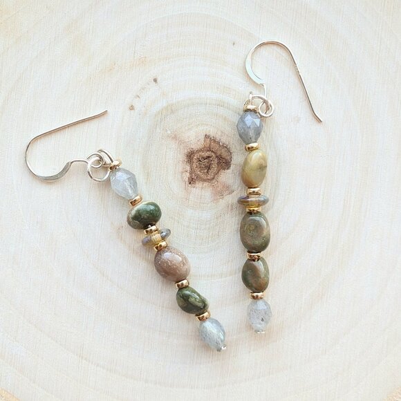 Silver Green Rhyolites and labradorites Handmade Drop Earrings - Picture 1 of 6